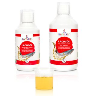 HAPPYKOI® Lachsöl mit Omega-3 flüssiges Ergänzungsfuttermittel Futterzusatz für Koi Fisch Futter - 250 ml oder 500 ml